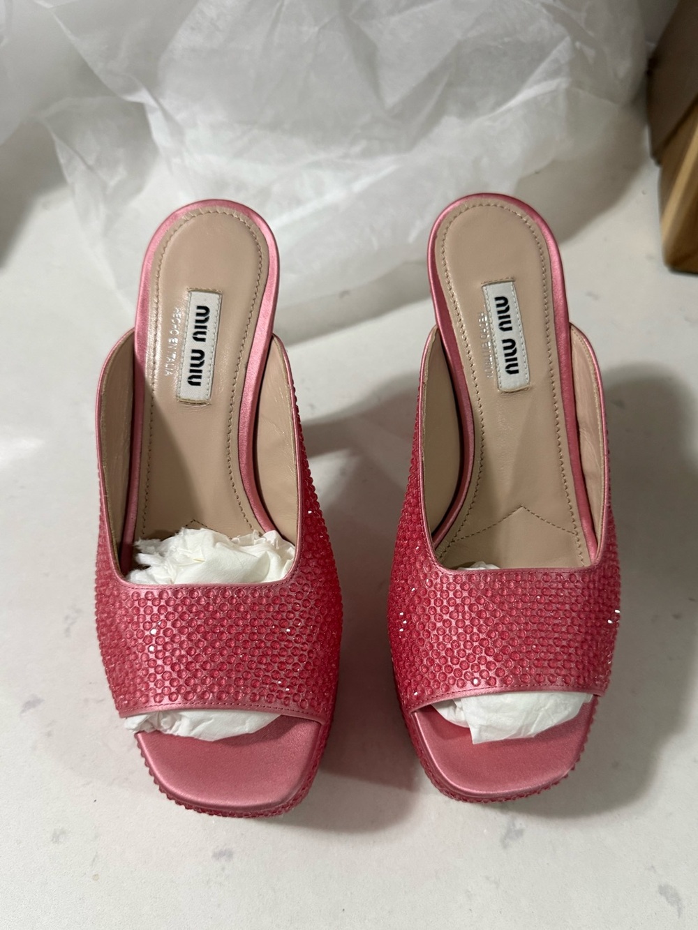 Miu Miu Pink Crystal-Embellished Open-Toe Mules